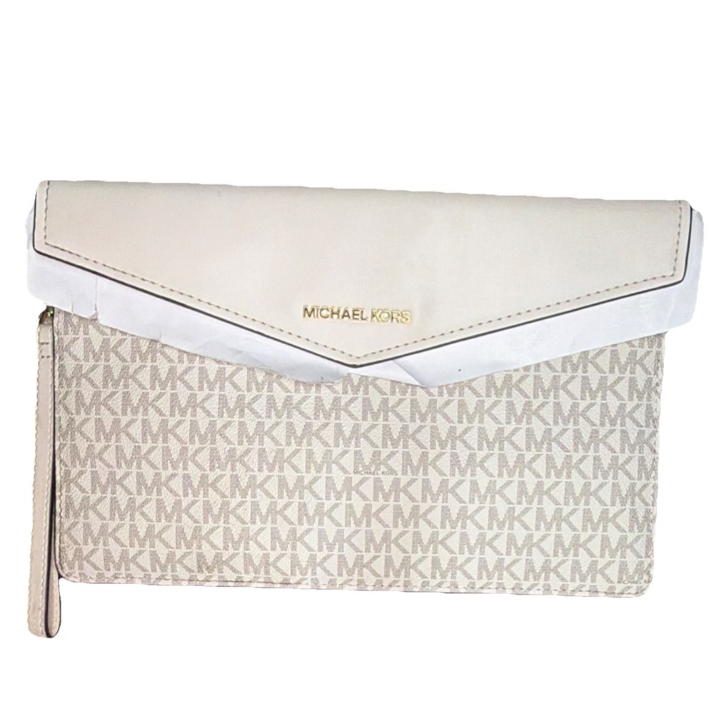 Michael Kors Ivory Logo Wristlet Clutch Bag Magnetic Closure Gold Hardware #143